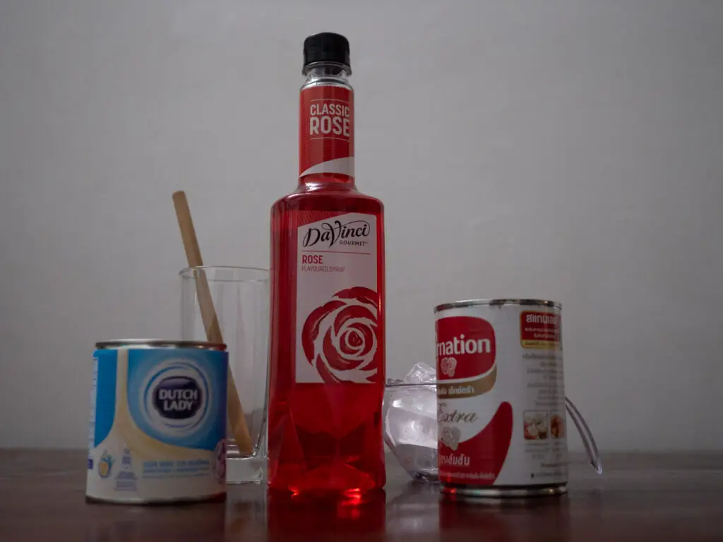 Ingredients for the Sirap Bandung Drink Recipe: rose syrup milk