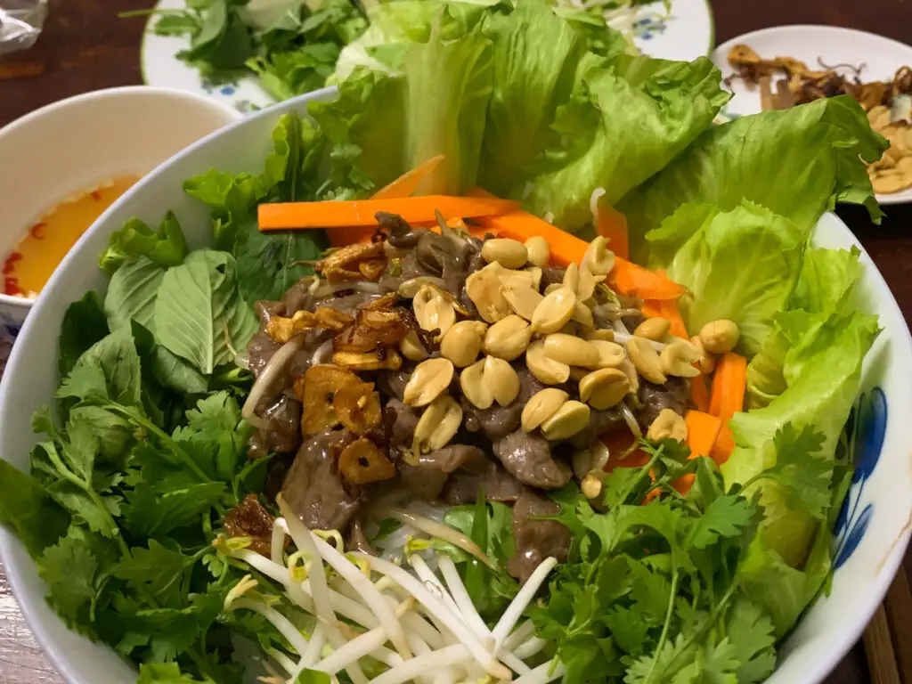 bun bo nam bo served on a plate. It is a delicious Vietnamese food especially in southern Vietnam.